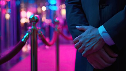 Fototapeta premium Bouncer Standing Guard at a VIP Event Entrance with Red Carpet and Bokeh Lights.