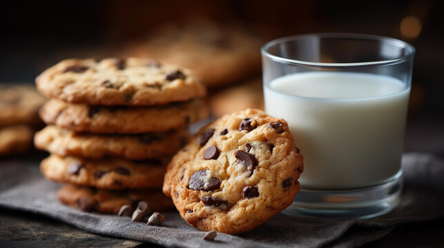 Stack of golden-brown chocolate chip cookies beside a cold glass of milk, defocused background, classic dessert concept, comfort food photography, with copy space