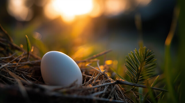 Symbolic egg resting in a natural setting at golden sunrise with warm light, defocused background, new life concept, with copy space