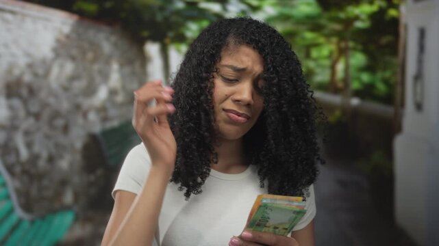 South african woman examining rand banknotes in front of concrete building wall; financial uncertainty.
