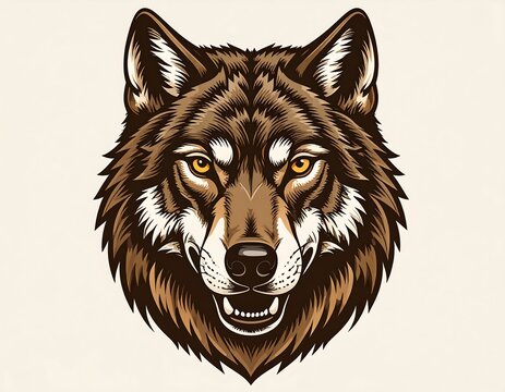 Close-up illustration of a majestic wolf's head. The animal is brown with shades of beige and gold. Its eyes are yellow