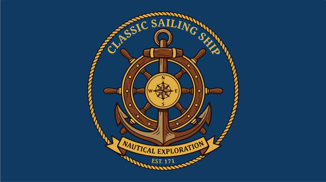 Classic Sailing Ship Nautical Exploration Emblem.