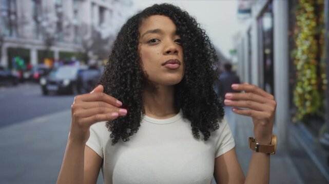 African american woman framing hair with hands on busy urban street; confidence strength empowerment.