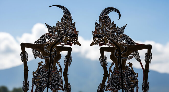 Authentic Wayang Kulit theater with intricate hand-carved puppets