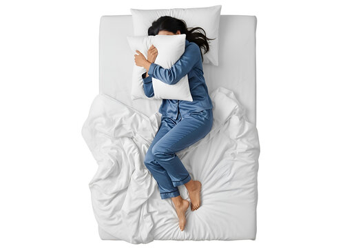 Woman sleeping in bed, blue pajamas, hugging pillow on white background , Isolated on Transparent Background, PNG, Generative AI 
