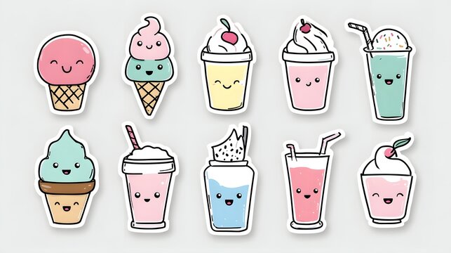 Cute Kawaii Ice Cream and Drink Characters Collection.