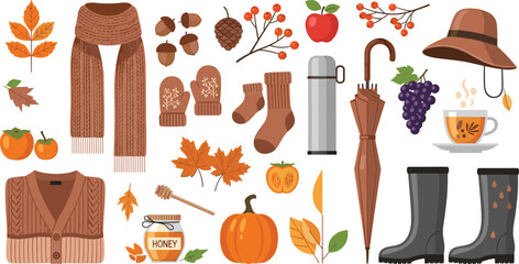 Autumn Cozy Season Elements Collection with Scarf, Sweater, Pumpkin, Umbrella, Boots, Tea Cup, and Fall Leaves for Seasonal Illustration Set © Najir