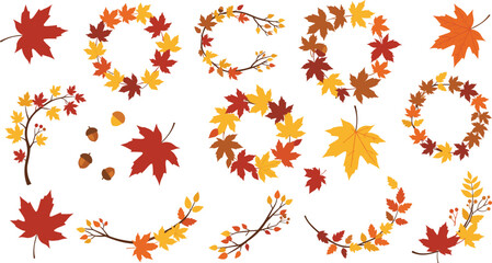 Autumn Fall Leaf Wreath Collection with Maple Leaves, Branches, Acorns and Seasonal Foliage Decorations for Thanksgiving Invitations, Greeting Cards and Harvest Designs © Najir