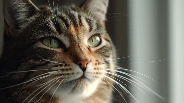 A close-up portrait of a domestic cat with striking green eyes gazing intently into the distance, showcasing its intricate fur patterns