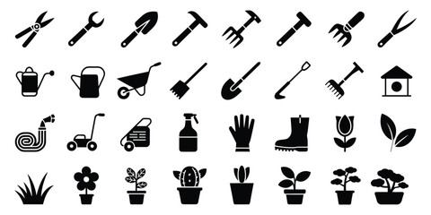 Black silhouette icons for gardening tools plants and equipment Keywords: gardening, tools, plants, watering can, wheelbarrow © Rasel