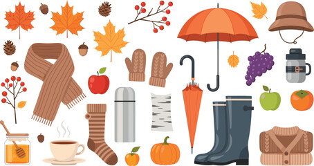 Autumn Season Elements Collection with Scarf, Umbrella, Boots, Leaves, Pumpkin, Tea Cup, and Cozy Fall Accessories Illustration Set for Seasonal Design © Najir