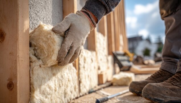 Construction worker installing insulation foam into a wall opening.