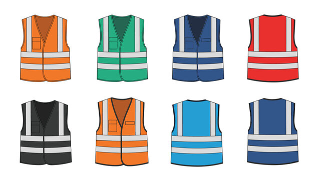 Collection of eight high visibility safety vests in various colors like orange green blue and red with reflective stripes for workwear.