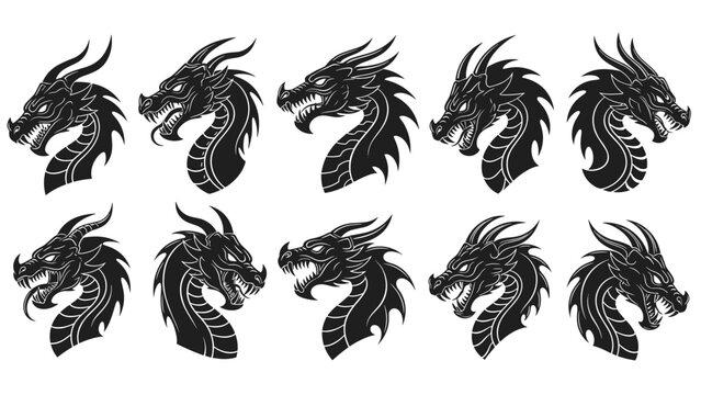 Set of ten detailed black and white dragon head profile illustrations in different styles for fantasy and tattoo design inspiration.
