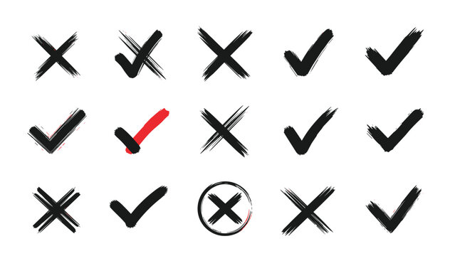 Set of hand drawn black ink brush stroke checkmarks and crosses with one prominent red checkmark on a white background for validation.
