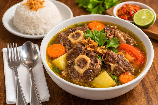 Traditional Indonesian Sop Buntut Oxtail Soup with Vegetables and Clear Spiced Broth