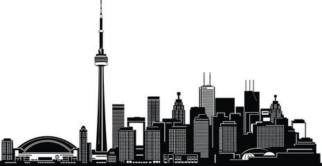 Fototapeta premium Toronto city skyline silhouette, Canada urban downtown with CN Tower landmark, modern cityscape vector illustration isolated on white background, architectural skyline concept