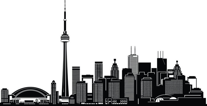 Toronto city skyline silhouette, Canada urban downtown with CN Tower landmark, modern cityscape vector illustration isolated on white background, architectural skyline concept