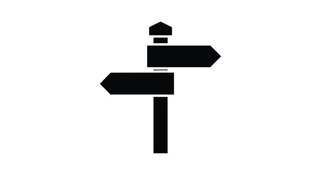 A simple graphic depicts a black signpost with two directional arrows pointing different ways a silhouette high quality
