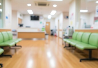 A blurry image of a waiting room with green chairs