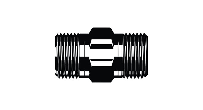 A detailed black silhouette of a pipe fitting showcasing its ribbed and threaded structure silhouette high quality professional