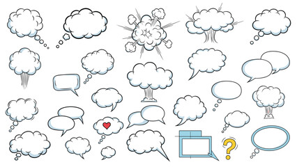 Fototapeta premium Large set of comic book speech bubbles and explosion clouds in various shapes and sizes for dynamic storytelling and pop art design.