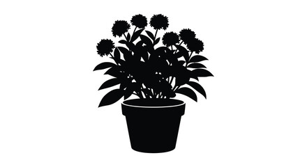 Obraz premium A striking black silhouette of a lush potted plant with numerous blooms and vibrant foliage silhouette high quality