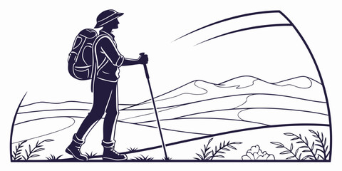 A hiker with a backpack and walking stick stands on a hill overlooking a valley © Gf