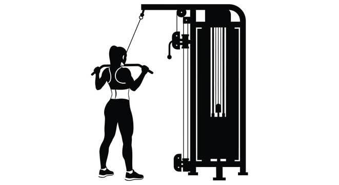 A woman is performing a lat pulldown exercise on a cable machine in a gym silhouette high quality