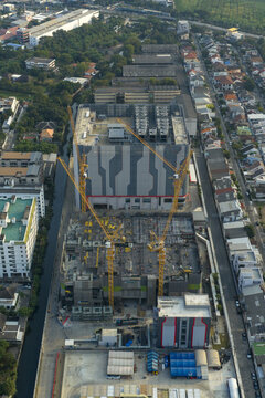 Aerial view of large data center construction building future ai and technology infrastructure in bang kapi, bangkok