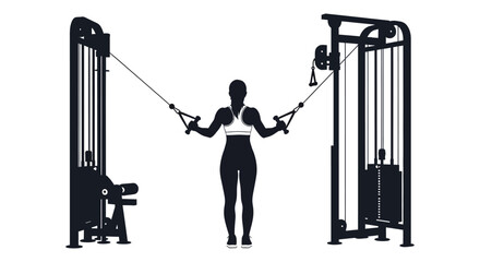 A woman is performing a cable fly exercise on a gym machine shown as a striking silhouette © Ajahar