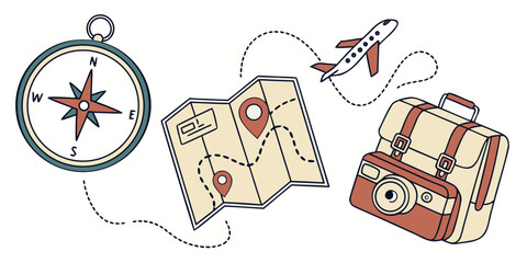 A vintage travel theme with a compass, a map, and a suitcase. © Gf