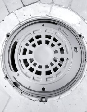 Close-up, grayscale view of a circular drain cover, featuring a geometric pattern within a metal frame. The surrounding surface has a tiled design