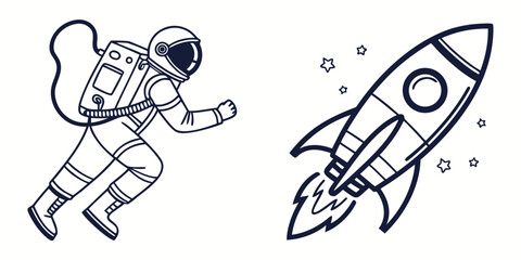 An astronaut floating in space next to a rocket ship with stars in the background © Gf