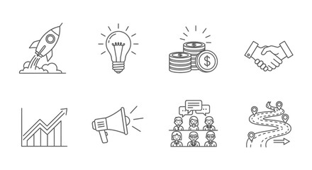 Fototapeta premium Business startup development and strategy line icons collection