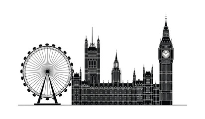Obraz premium A minimalist black and white graphic illustration featuring the iconic london city skyline view