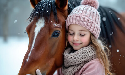 Naklejka premium Young girl embraces brown horse in snowy winter landscape. Child wears pink hat and scarf, feeling warmth and love with equine friend outdoors. Gentle snow falls on them.