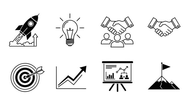 Business startup growth success idea partnership achievement flat icons set