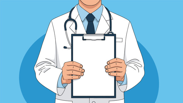 Medical professional in a white coat holding an empty clipboard for medical records or health examination report templates.
