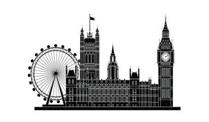 Obraz premium A detailed black silhouette graphic depicting the iconic london skyline with major city landmarks