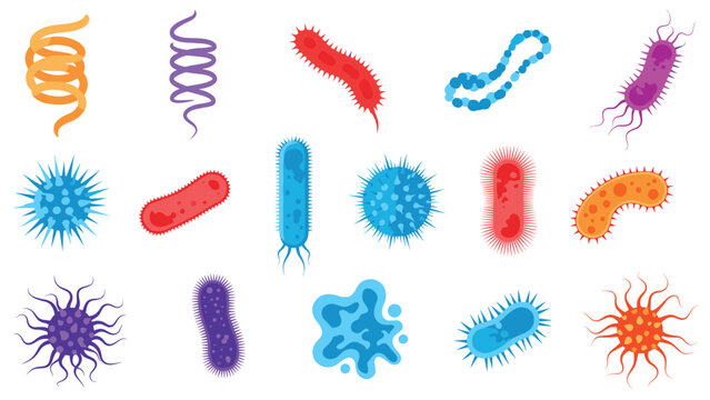 Colorful collection of various bacteria, virus, and germ microorganisms for medical education and disease prevention research.