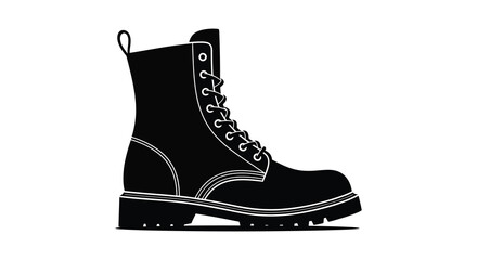 A striking black combat boot illustration presented on a clean white background a bold silhouette high quality professional © Ajahar