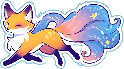 Obraz premium Cute Nine-Tailed Fox Spirit with Starry Swirling Tails.