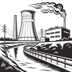 Obraz premium A nuclear power plant with a cooling tower and smokestack