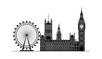 A minimalist black silhouette of the famous london city skyline featuring the big ben and eye