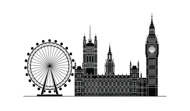 A minimalist black silhouette of the famous london city skyline featuring the big ben and eye
