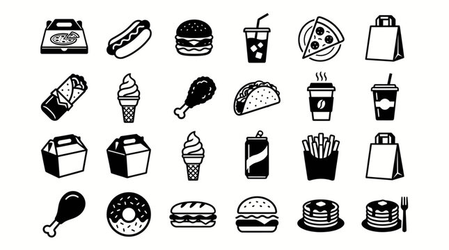 Collection of diverse fast food and drink icons set