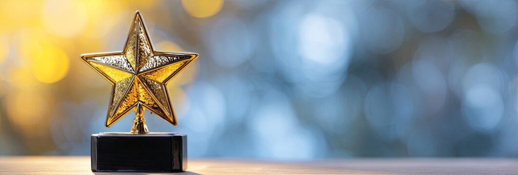 Golden Star Trophy on a Table with Bokeh Background.