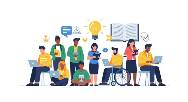 Diverse Group Collaboration, Education, and Idea Generation. Inclusive Students Sharing Knowledge and Innovation with Technology.