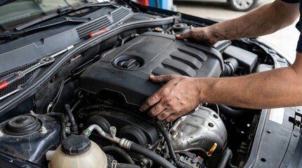Fototapeta premium Man replacing car engine cover in a vehicle